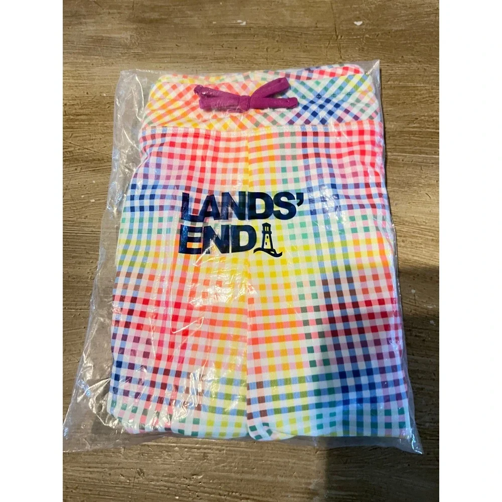 NEW‎ Lands End Girls XL 14-16 Slim Rainbow Gingham Curved Hem Swim Shorts NEW